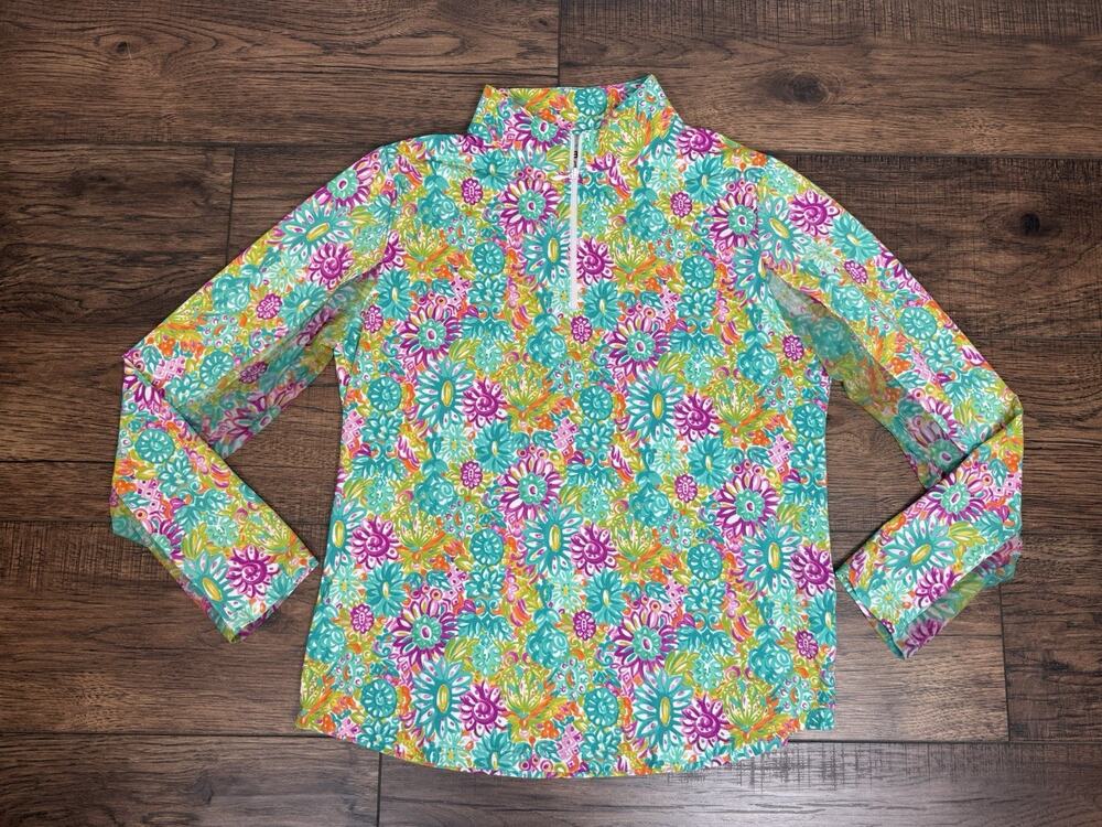 IBKUL Shirt UPF 50+ Tropical Floral Vent Long Sleeve 1/4 Zip Mock Neck Top Sz L